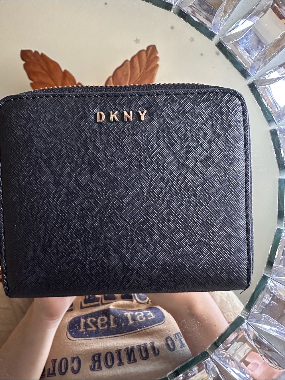 DKNY Black Saffiano Zip Wallet with Gold Logo